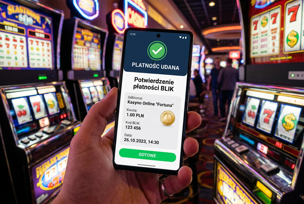 Smartfon z potwierdzeniem płatności BLIK w kasynie online na tle slotów