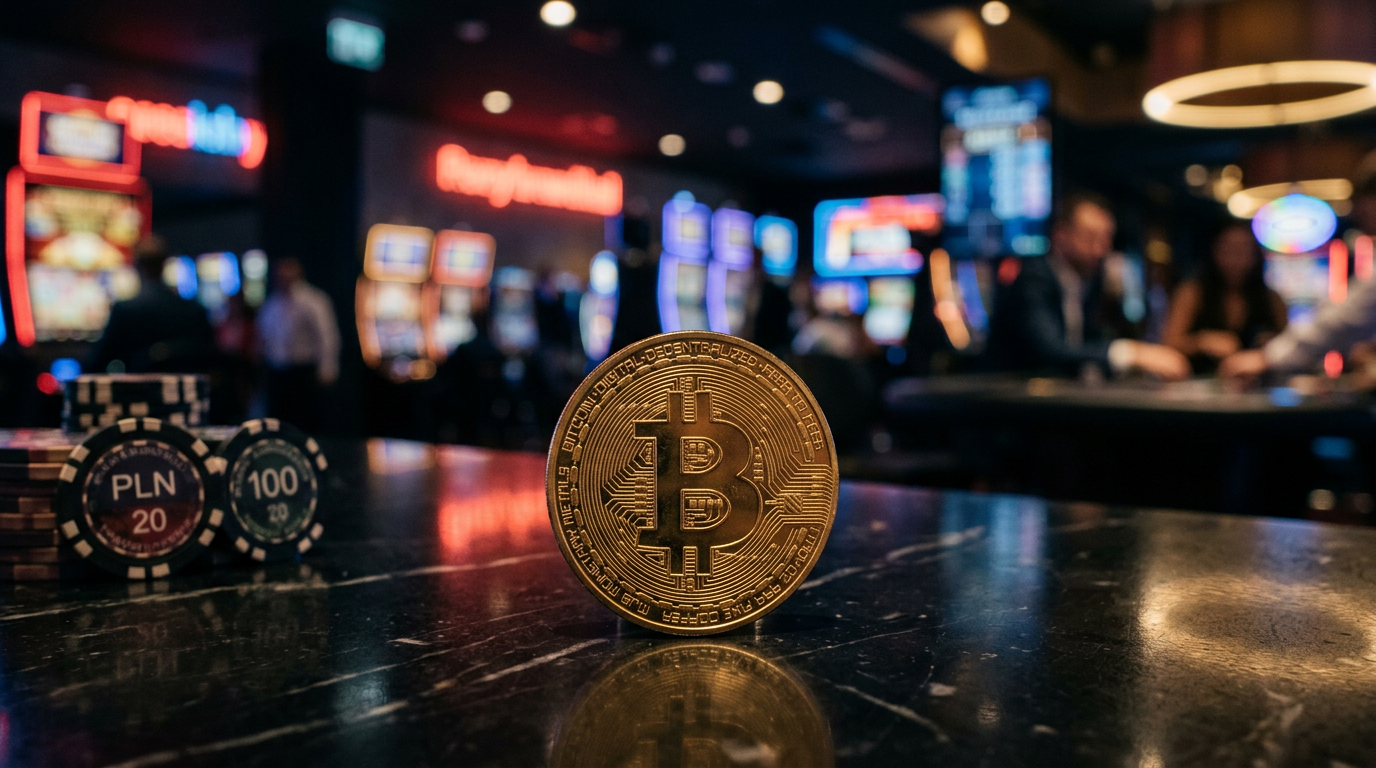 Złota moneta Bitcoin na tle świateł nowoczesnego kasyna.