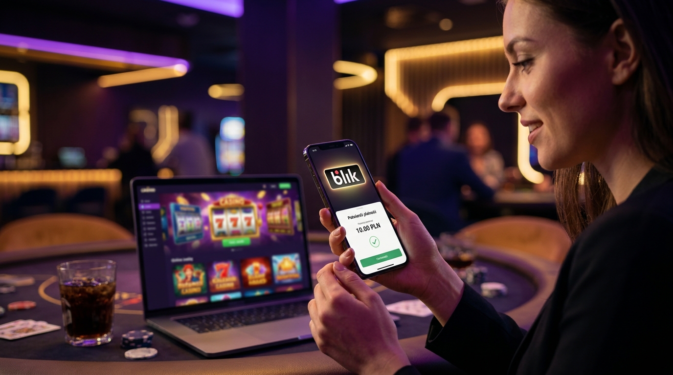 Smartphone displaying a BLIK payment confirmation of 10 PLN for a casino deposit.