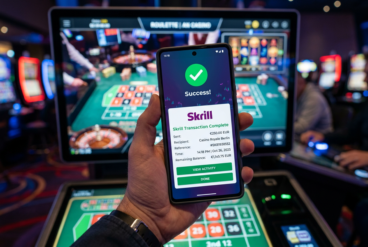 Interfejs aplikacji mobilnej Skrill przygotowany do płatności w kasynie online